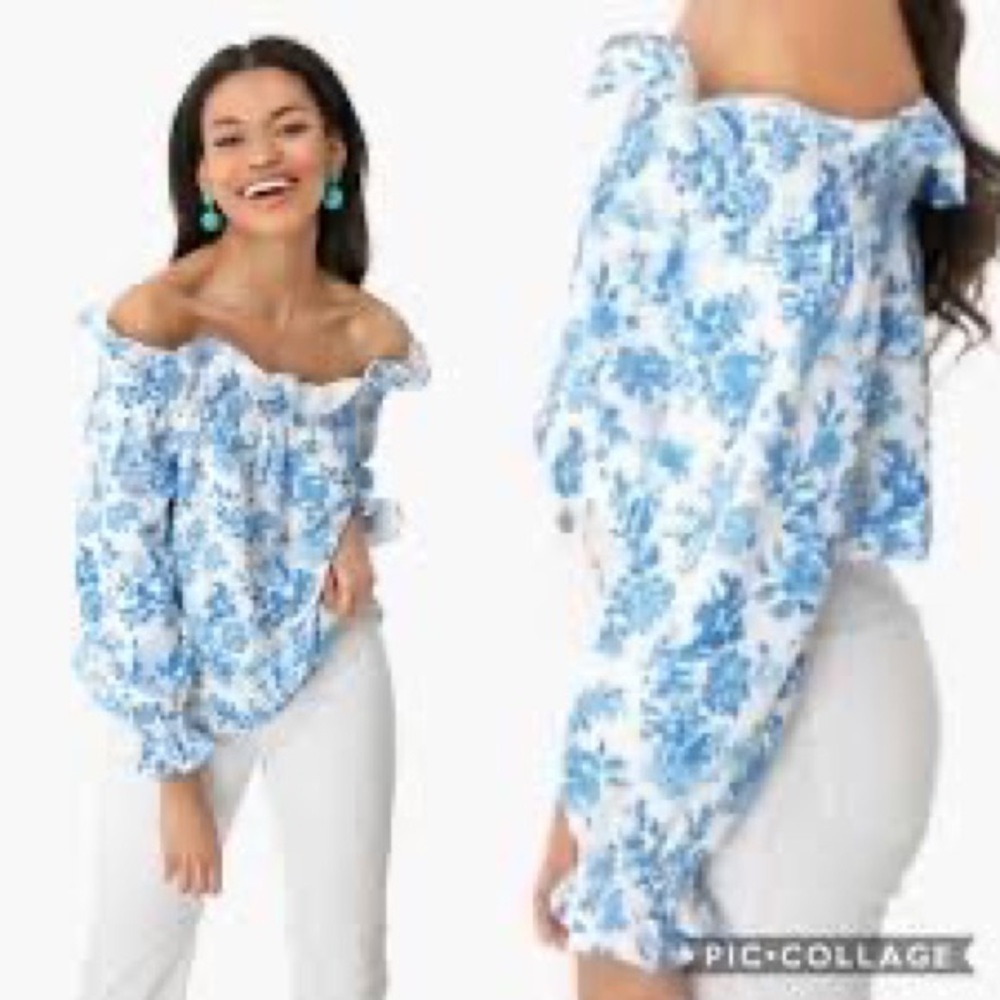 Tuckernuck Marguerite Blouse Medium Blue and White Chintz Print